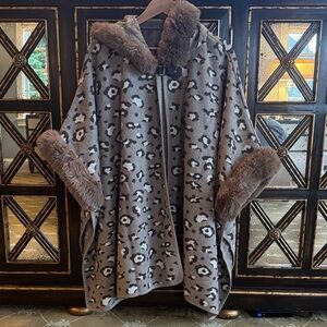 Leopard Print Hooded Cape with Faux Fur Trim